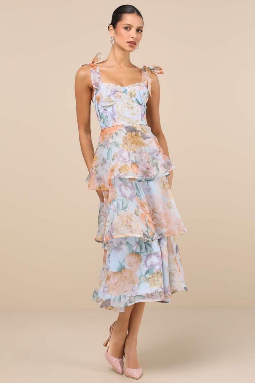 Lulus Playfully Posh Blue Floral Organza Tie-Strap Tiered Midi Dress Medium NWT
